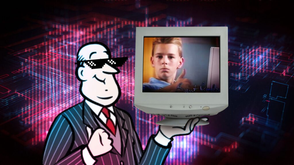 Jeeves from Ask Jeeves holds up a '90s computer monitor with a meme on it