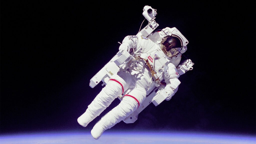 Astronaut Bruce McCandless II in space.