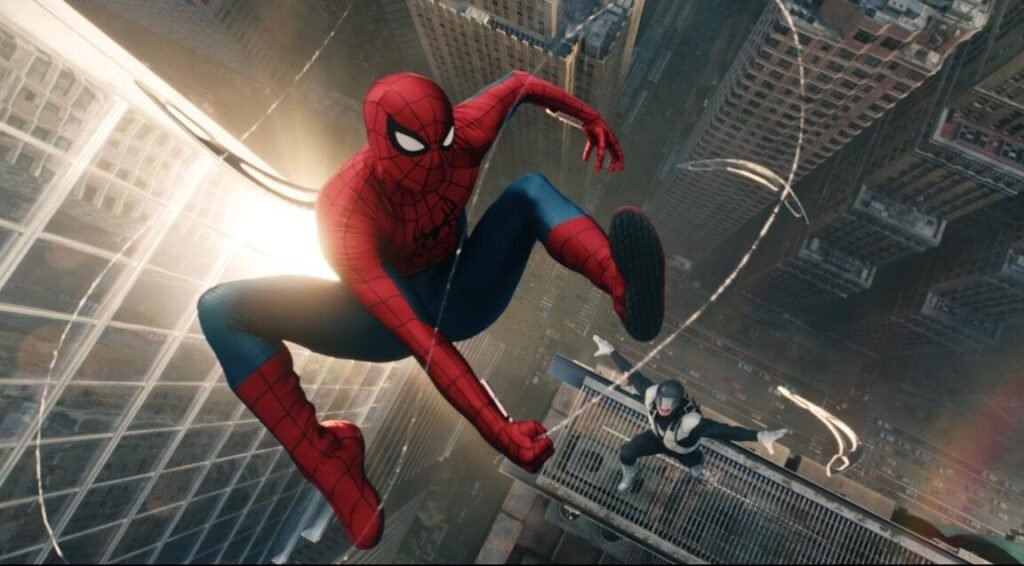 spiderman slinging through the air via his webbing, high above the city streets