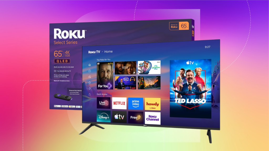 The 65-inch Roku Select Series Roku TV is shown on a red, purple and yellow background.