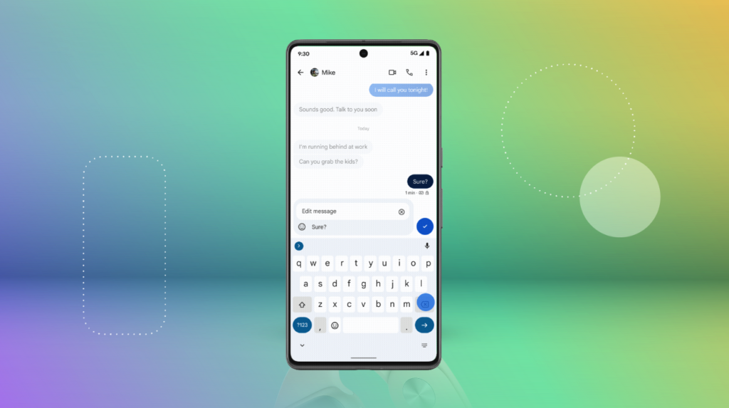 A phone with the messaging app pulled up to edit a message in Google Messages