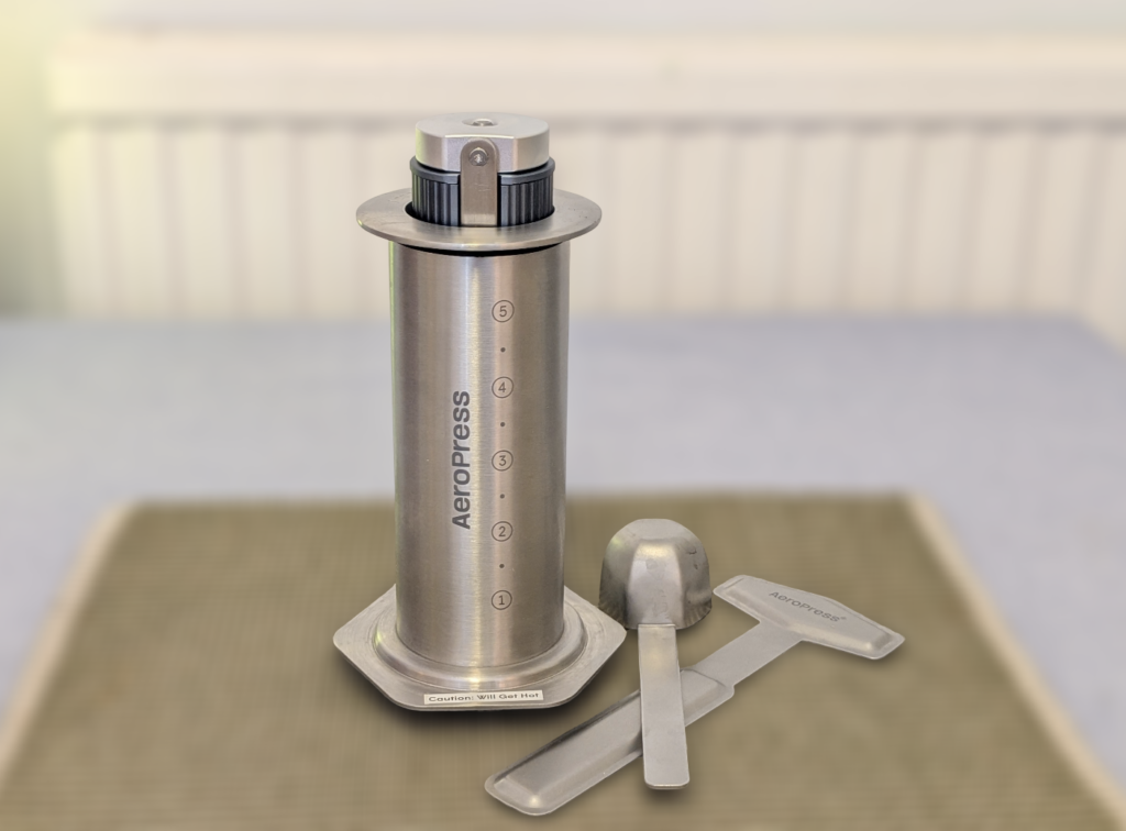 stainless steel aeropress and accessories, all made from stainless steel