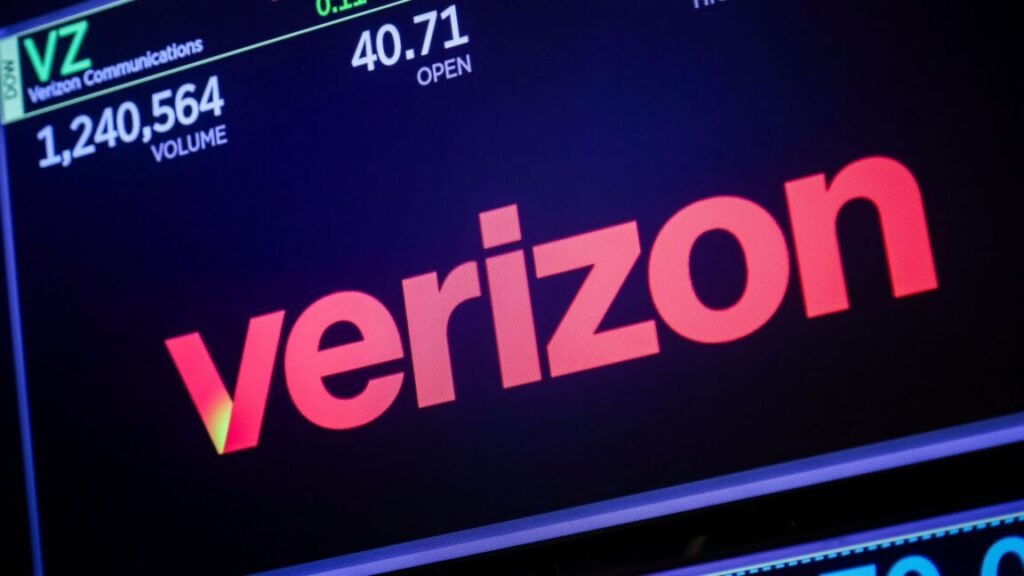 Verizon logo on a screen displaying its stock price