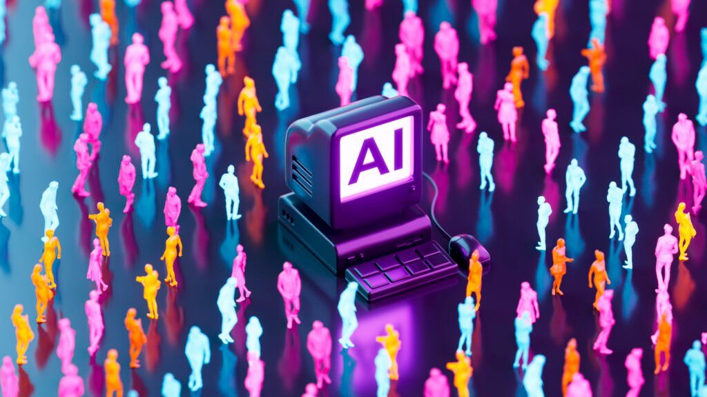 Desktop AI computer with neon cutouts of people walking around it.