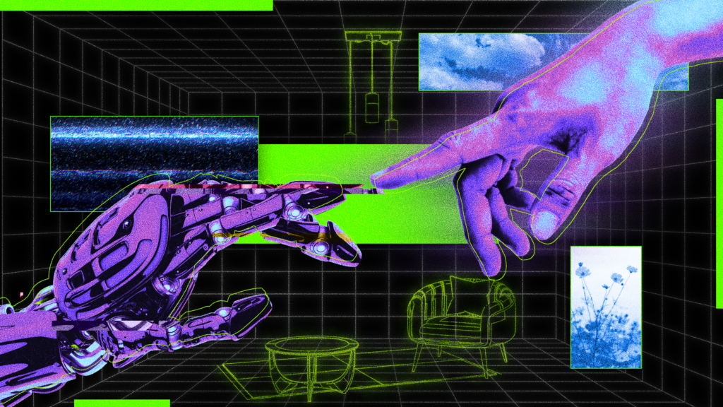 Two hands, one human and the other mechanical, reach lightly touch index fingers, after Michelangelo's "Creation of Adam"