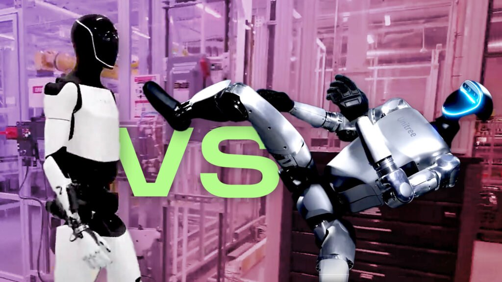 The US Threw the First Punch in the Global Robot Wars. How Will China Respond? A tesla robot and unitree robot seem to be fighting, with the Unitree robot throwing a kick. The word versus appears behind them.