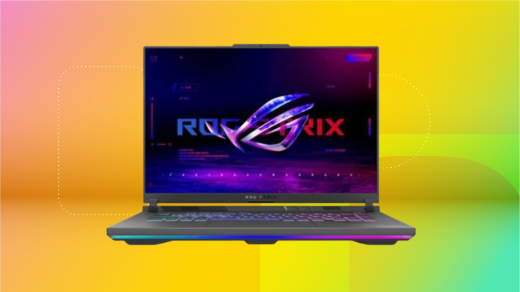 Black Asus laptop against coral, yellow, and mint green CNET background.