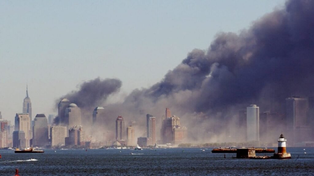 Smoke billows from lower Manhattan on September 11, 2001.