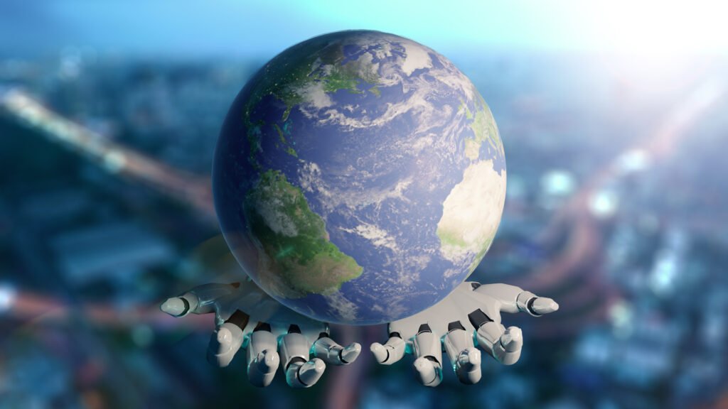 Artificial intelligence mechanical robot hand unity holding earth