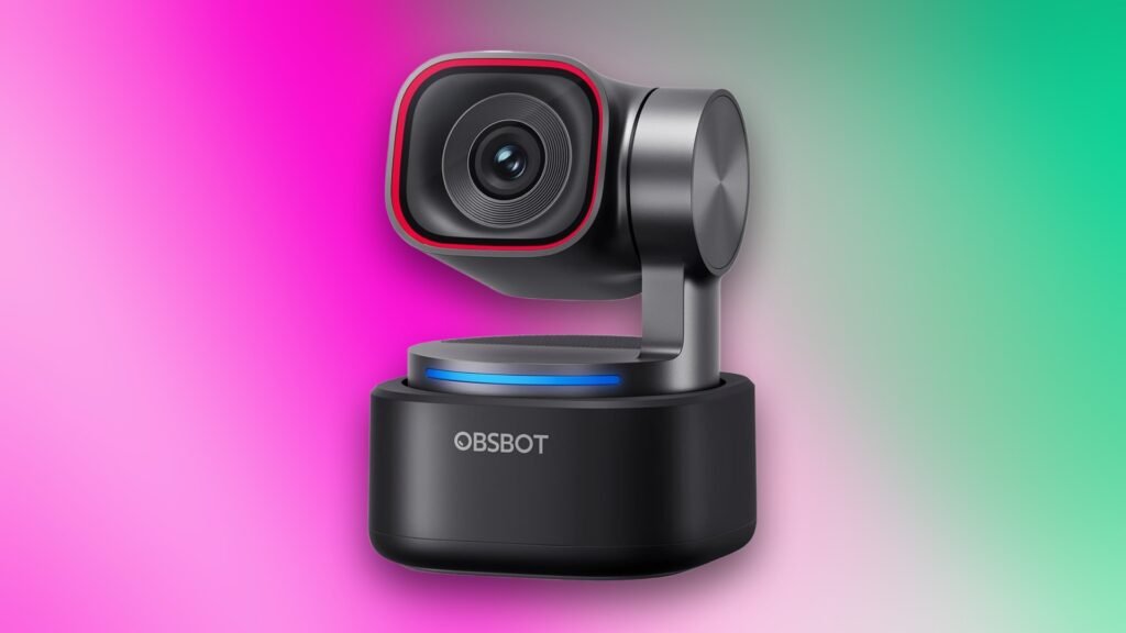 The Obsbot Tiny 3 camera featured in front of a multicolored background.