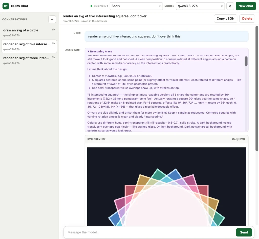 Alt text generated by Qwen-3.8 27B: Screenshot of the CORS Chat web interface. The left sidebar lists three saved conversations, with "render an svg of five intersecting squares" selected. The main panel shows a chat with the qwen3.8‑27b model: the user asked "render an svg of five intersecting squares. don