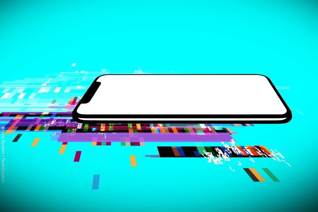an illustration on a blue background indicating spyware stealing data from a person's phone