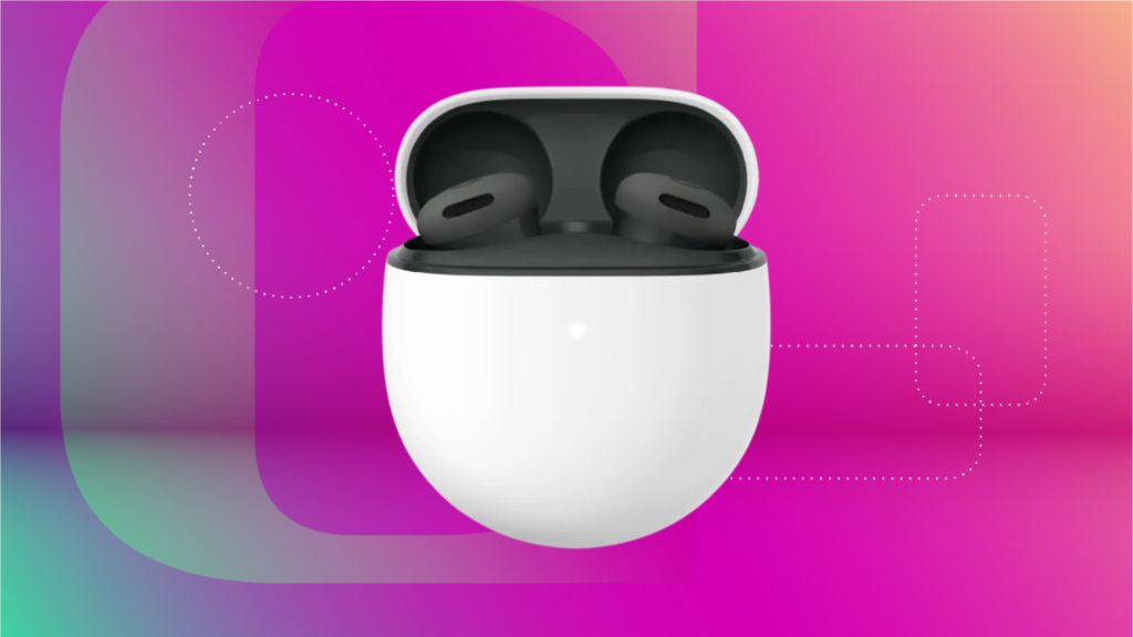 Google Pixel Buds 2a white white case and black earbuds against green and magenta CNET background.