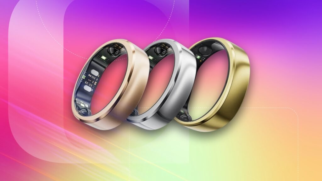RingConn smart rings on a CNET background