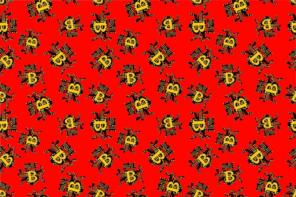 a sea of patterned green bugs with yellow bitcoin logos on them on a red background