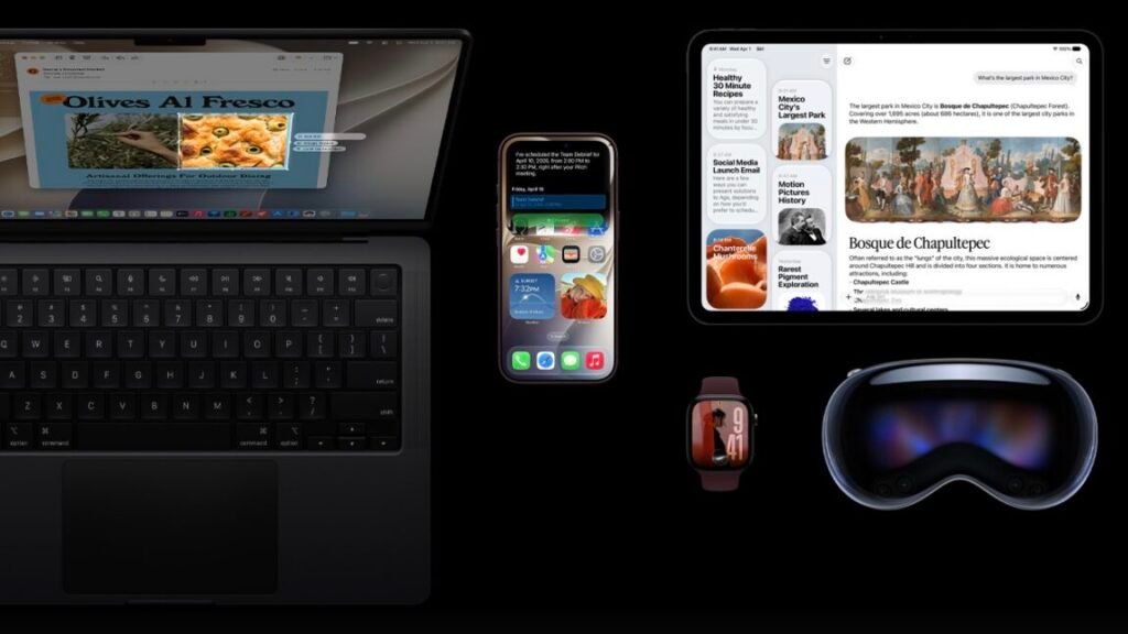 A MacBook, iPhone, and other devices running new OS updates