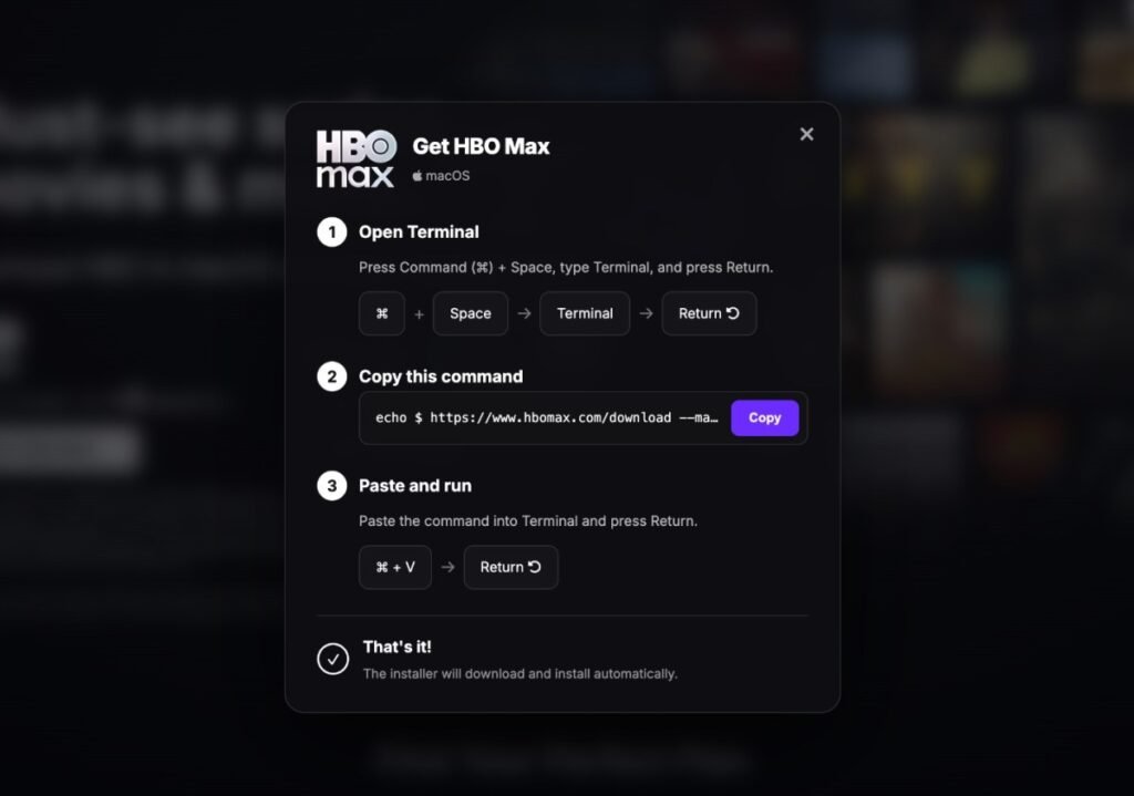 a screenshot of a fake HBO Max login page showing a ClickFix lure that tries to trick the victim into pasting malicious code into their computer.