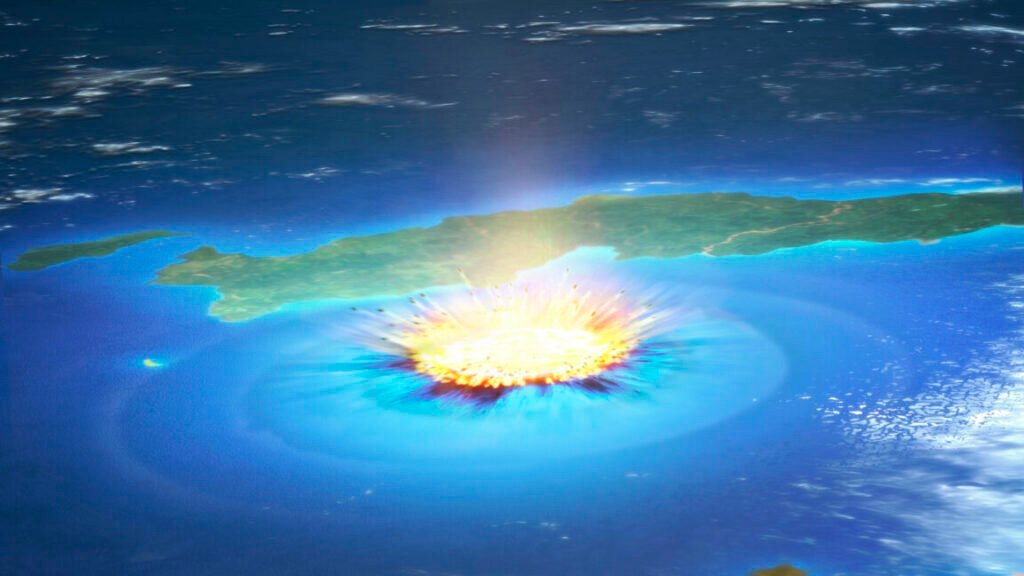 Illustration of an impact occurring offshore as seen from high in the atmosphere.