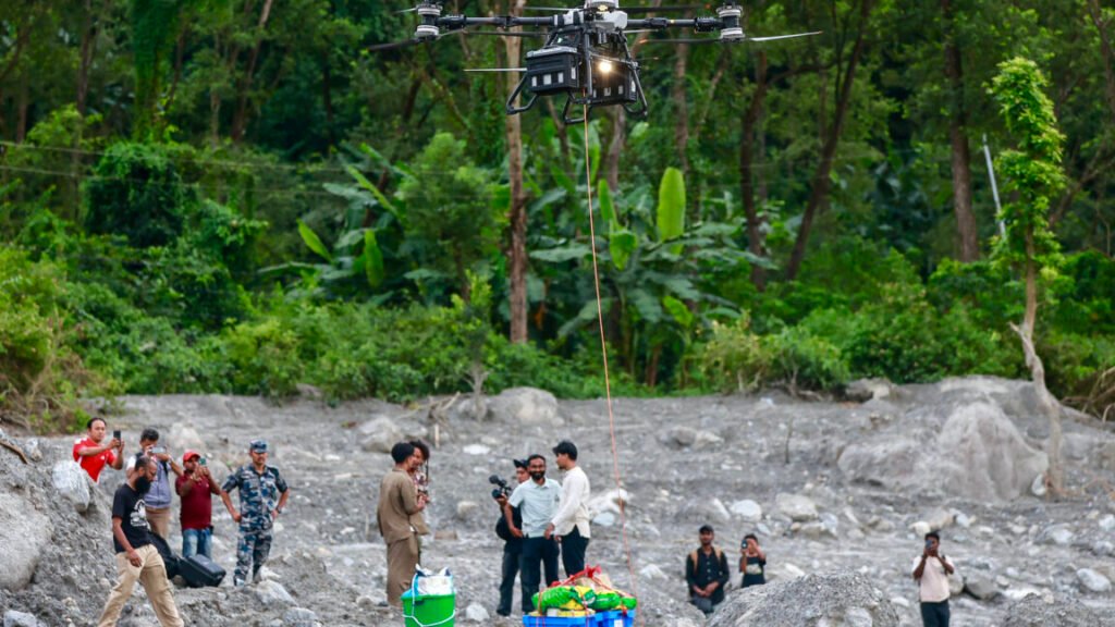 A drone carrying relief supplies to a flood-affected area takes off in Trishuli, Nepal's Nuwakot district, on September 4, 2026.
