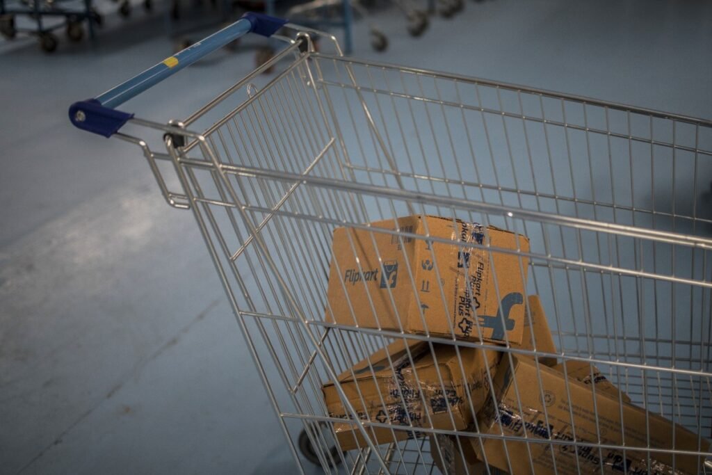 Packages in a cart at a Flipkart.