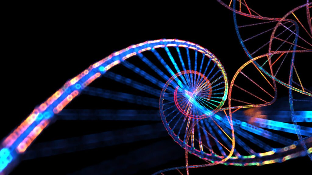 Computer generated image evoking the double helix of DNA, composed of bright colored features on a black background.