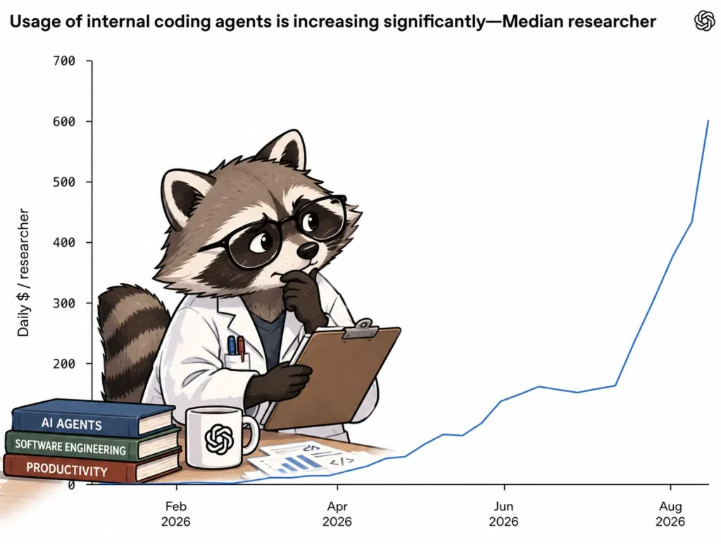 Line chart with cartoon illustration. Title: "Usage of internal coding agents is increasing significantly—Median researcher". Y-axis labeled "Daily $ / researcher" from 0 to 700; x-axis shows Feb 2026, Apr 2026, Jun 2026, Aug 2026. A blue line stays near zero through April, rises gradually to around 150 by June and July, then climbs steeply to about 600 by late August. In the foreground a cartoon raccoon in glasses and a white lab coat, chin in hand, holds a clipboard at a desk with a mug bearing the OpenAI logo, some printed charts, and a stack of three books titled "AI AGENTS", "SOFTWARE ENGINEERING", and "PRODUCTIVITY". An OpenAI logo appears in the top right corner.
