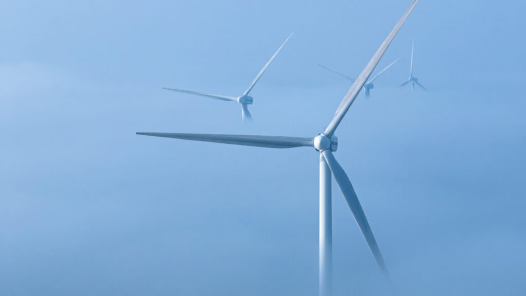 Wind turbine blades rising above some low level fog.