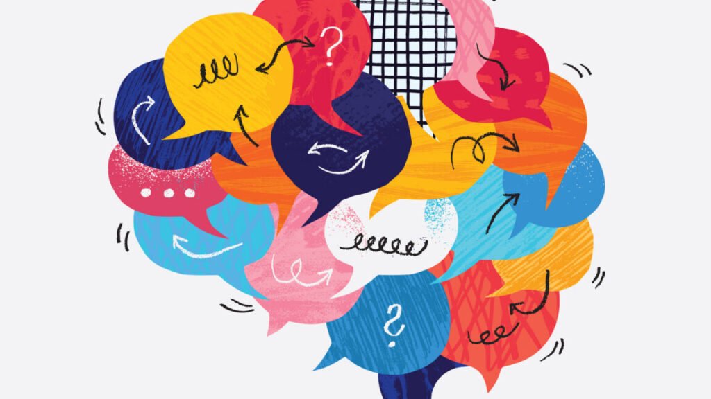 Montage vector illustration composed from paper cut out speech bubbles and hand made textures and doodles. Speech bubbles forming the shape of brain. Communication concept. Illustration works very nice also on dark backgrounds. Each speech bubble is isolated as a single object.