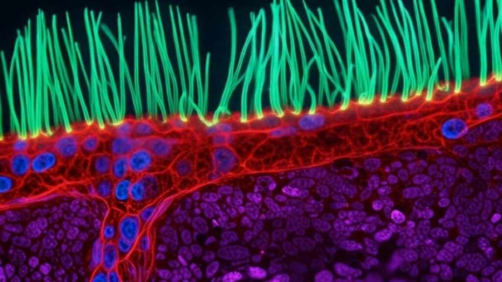 still image from video showing abnormal beating of airway cilia from a cold with a genetic disorder affecting respiratory function