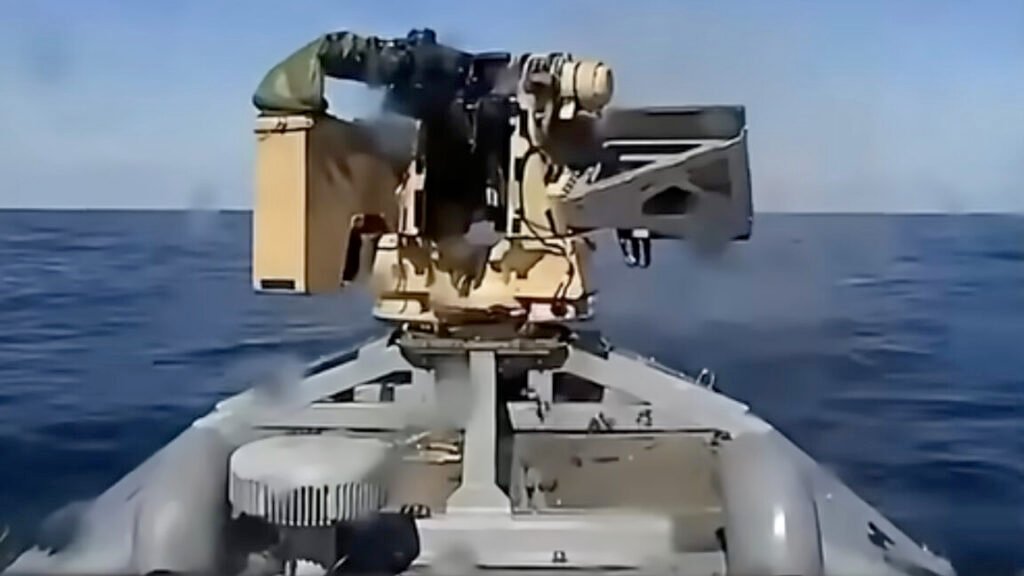 A 12.7mm machine gun mounted on a remote weapon station on a Ukrainian Sargan-3000 drone boat.