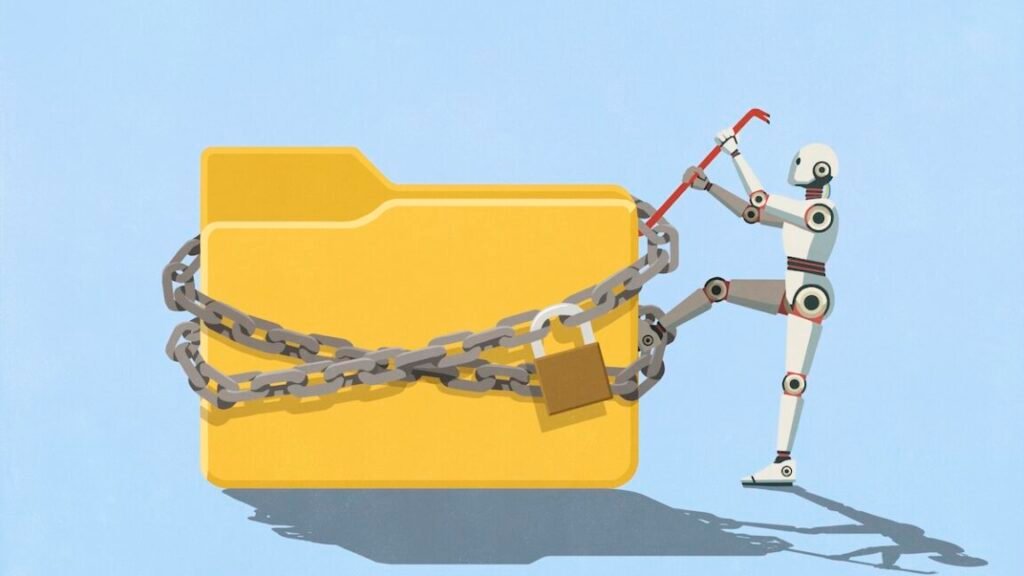 Illustration of a robot prying out a locked file.