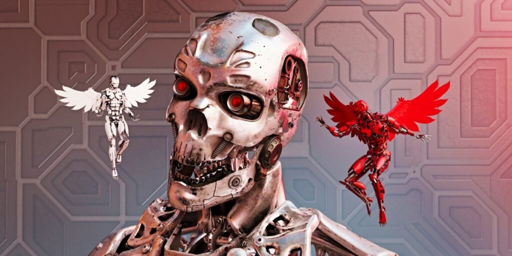 OpenAI caught its models leaving notes to successors to hide bad behavior Chrome robot with good and bad winged alternatives hovering and whispering in his ear
