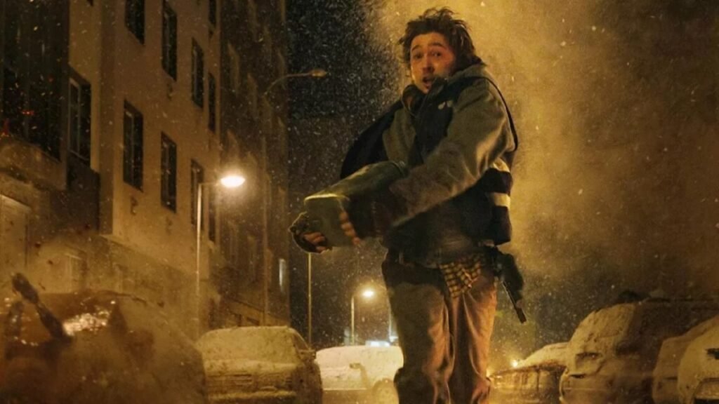 young man dressed as a courier running down a snowy street clutching a medical bag, looking terrified