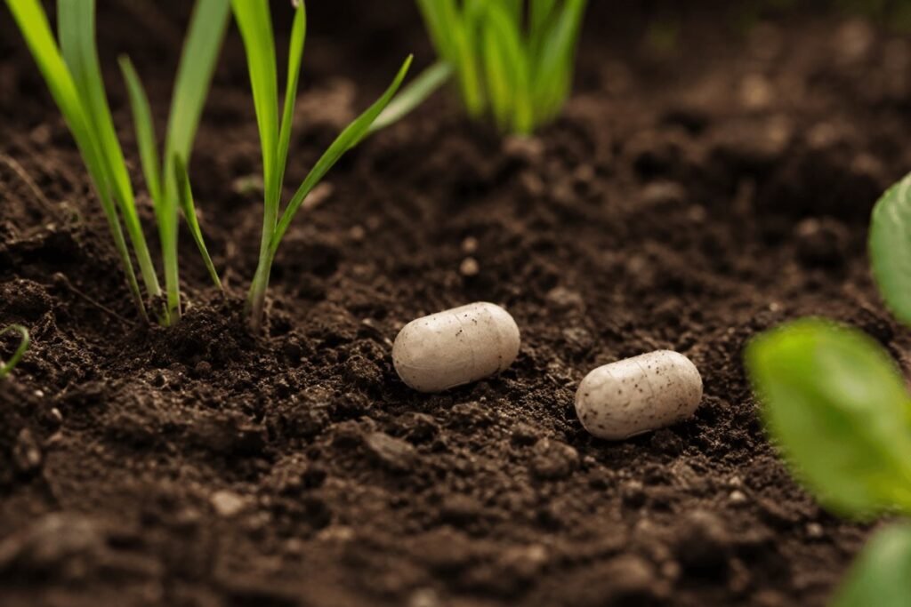 Two pill-shaped objects sit on some soil.