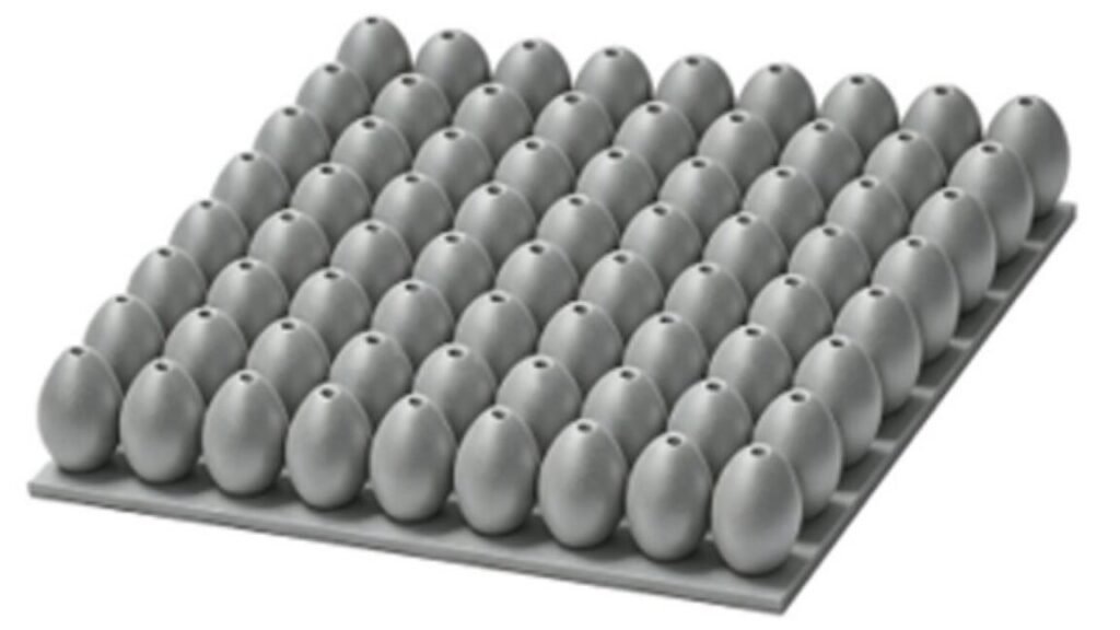 A 3D image of the water-filled aluminum eggshell array metastructure shows the eggshell pattern on an aluminum plate. The second aluminum plate — which goes on top of the eggs — is excluded from the image to help visualize the geometry.