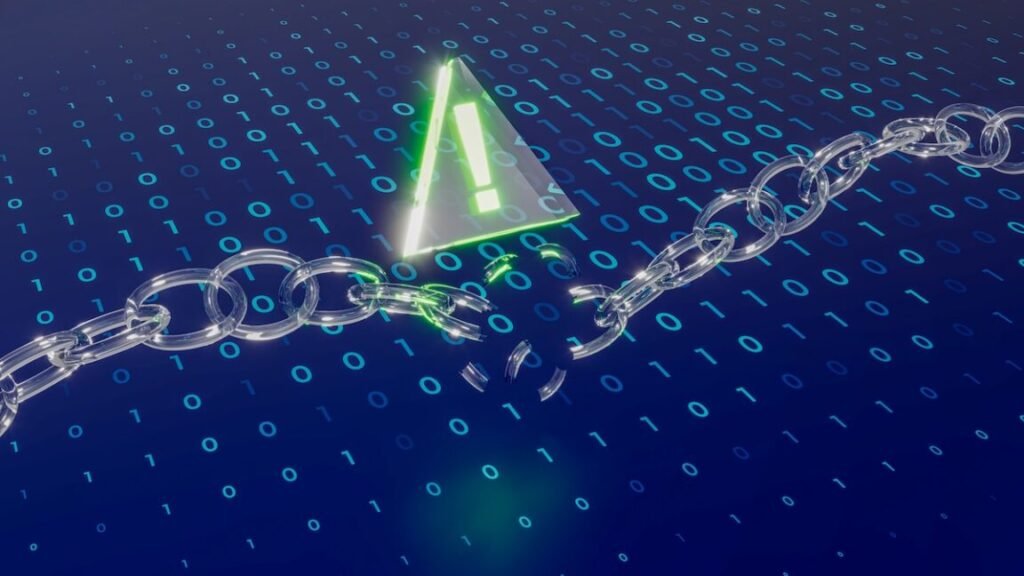 A transparent digital chain breaking at its weakest point over a binary code background.