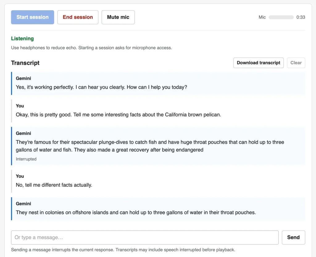 Screenshot of a voice chat web interface with a transcript. Top buttons: Start session, End session, Mute mic, plus a Mic level meter and a timer showing 0:33. Status: Listening. Use headphones to reduce echo. Starting a session asks for microphone access. Transcript (with Download transcript and Clear buttons). Gemini: Yes, it