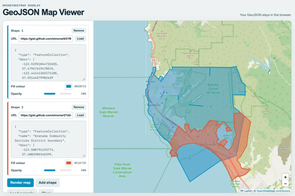 Screenshot of a web app with a left sidebar of controls and a large map on the right. Top left: OPENSTREETMAP OVERLAY GeoJSON Map Viewer. Top right: Your GeoJSON stays in this browser. Sidebar Shape 1 panel with blue accent: Shape 1, Remove button, URL https://gist.github.com/simonw/b51f9 with Load button, textarea containing { "type": "FeatureCollection", "bbox": -122.51951044732655, 37.47967619478576, -122.44141365271285, 37.55146379902639, Fill colour #028FC3 with blue swatch, Opacity slider at 50%. Shape 2 panel with red accent: Shape 2, Remove button, URL https://gist.github.com/simonw/27d24 with Load button, textarea containing { "type": "FeatureCollection", "name": "Granada Community Services District boundary", "bbox": -122.500791193774, 37.4803905345399, Fill colour #E4572E with red swatch, Opacity slider at 50%. Buttons: Render map, Add shape, Load example, Clear. The map shows the coast around Montara, Moss Beach, El Granada and Half Moon Bay with a large semi-transparent blue polygon covering Montara, Moss Beach and Rancho Corral de Tierra extending into the ocean, and an overlapping red polygon covering El Granada and Quarry Park. Map labels include Cabrillo Highway, San Pedro Mountain 325 m, Peak Mountain 545 m, South Peak, CA 1, Montara, Rancho Corral de Tierra, Golden Gate National Recreation Area, 489 m, Scarper Ridge, 552 m, Moss Beach, Montara State Marine Reserve, Ox Hill 542 m, 512 m, Fitzgerald Marine Reserve, Airport Street, Pillar Point Bluff, Quarry Park, El Granada, Pillar Point State Marine Conservation Area, Ox Mountain Landfill, Half Moon Bay State Beach, plus and minus zoom buttons, and attribution Leaflet