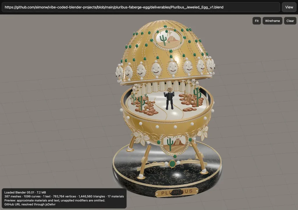 Screenshot of a web-based 3D Blender file viewer showing a rendered gold Fabergé-style jeweled egg. The top of the egg is lifted open, revealing a miniature desert diorama inside with green cacti, brown rocks, and a small black-suited figure standing in the center. The egg
