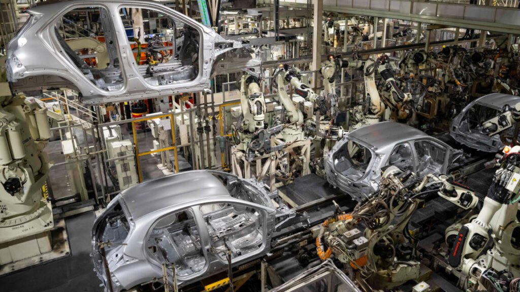 Robotic arms on the vehicle assembly line at the Toyota Motor Manufacturing Czech Republic s.r.o. plant in Kolin, Czech Republic, on Feb. 2, 2026.