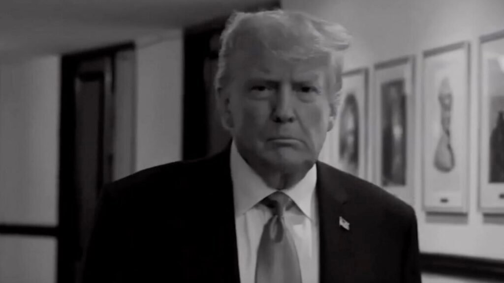 Trump walking down a hallway in a screenshot from a TV commercial.