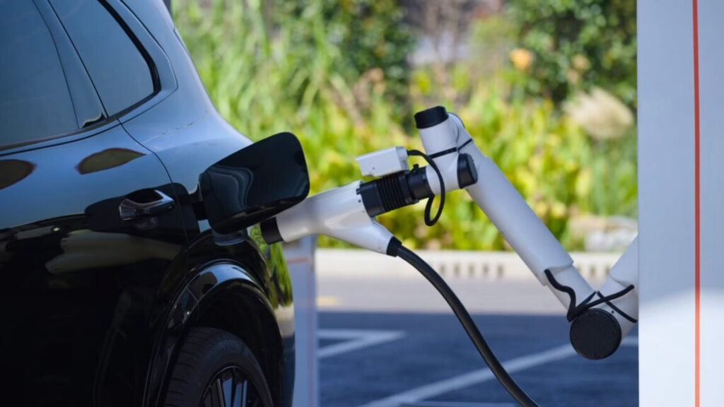 A robot charges a Geely EV in china