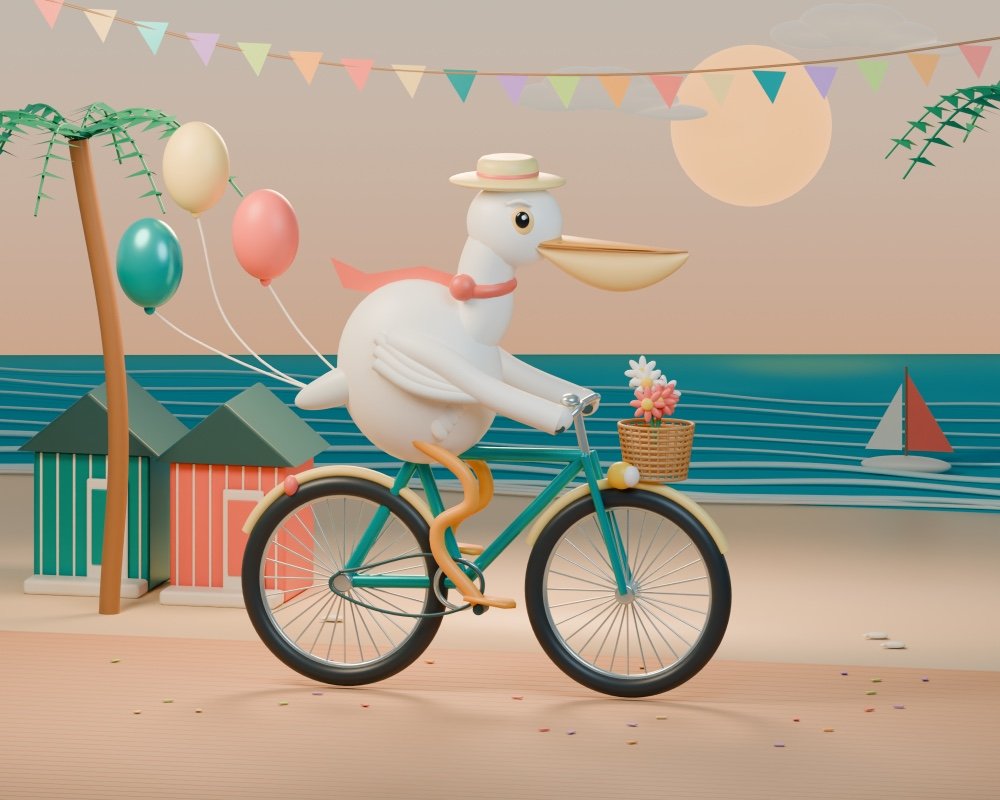 Using Blender with coding agents on macOS A 3D illustration of a white pelican cycling along a seaside boardwalk at sunset. It wears a cream boater hat and a coral scarf, with wings on the handlebars and long orange legs reaching the pedals of a turquoise bicycle. A wicker front basket holds pink and white flowers, and three balloons float behind. Pastel bunting stretches overhead between palm trees. Striped beach huts stand beside a teal sea with a small sailboat, beneath a large peach-colored sun. The scene has a softly lit, toy-like style.