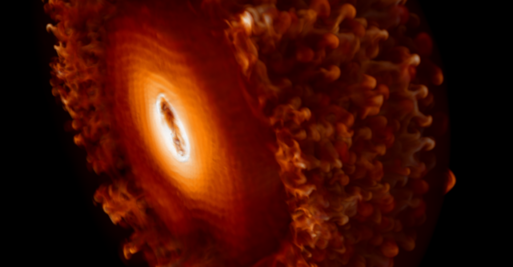A cutaway of a sphere, showing ever-brighter layers of orange as you move towards the center.