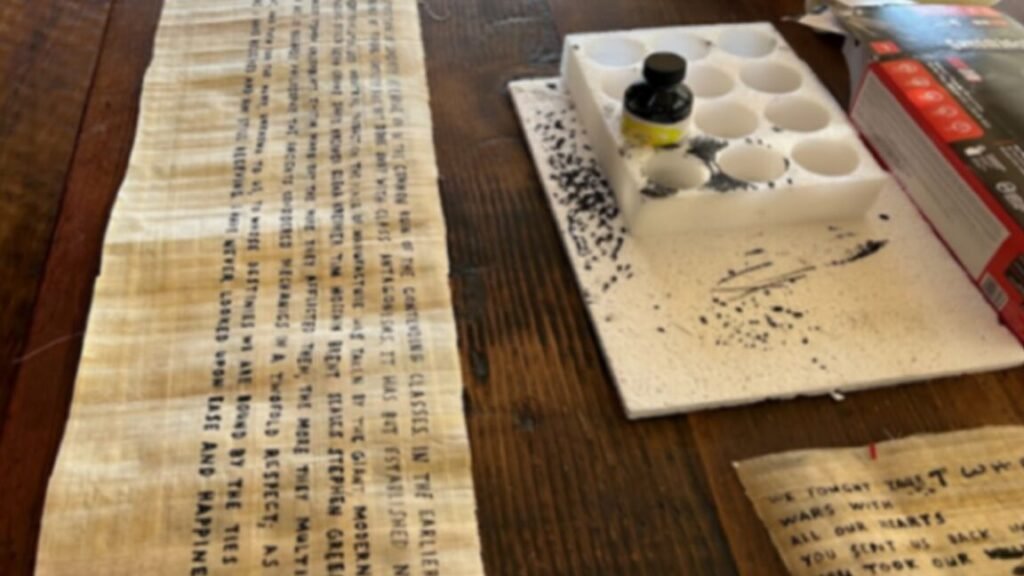 Preparing a model papyrus scroll with inks of varying lead concentrations.