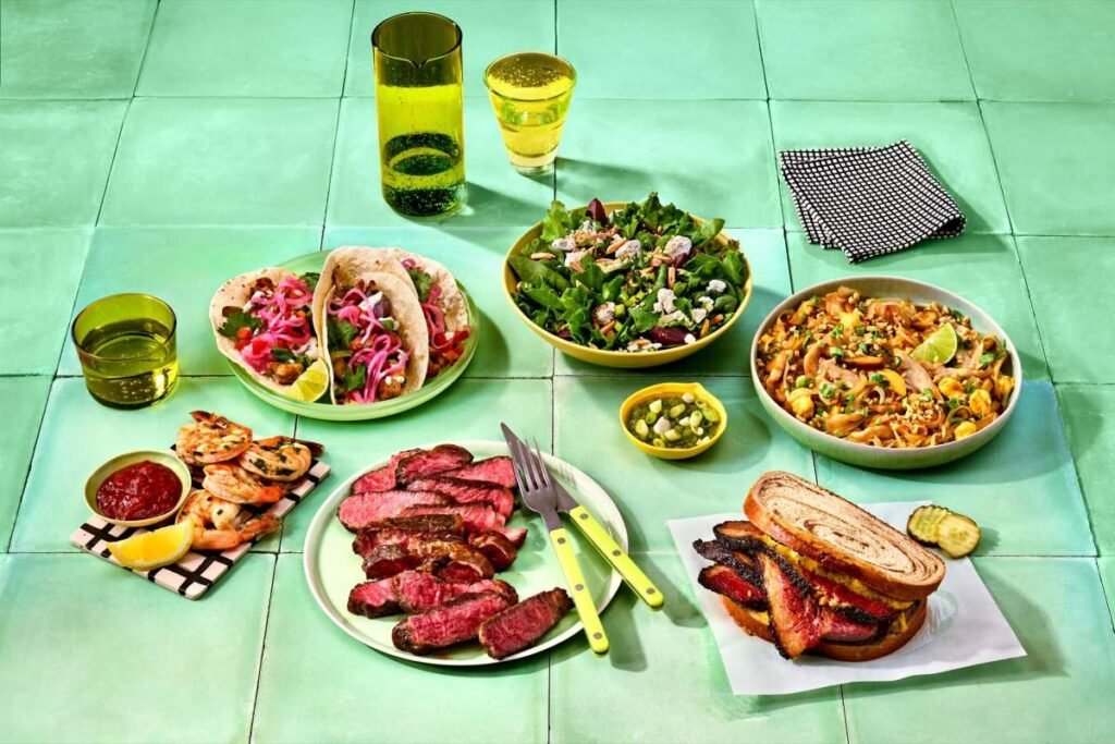 array of prepared food on plates