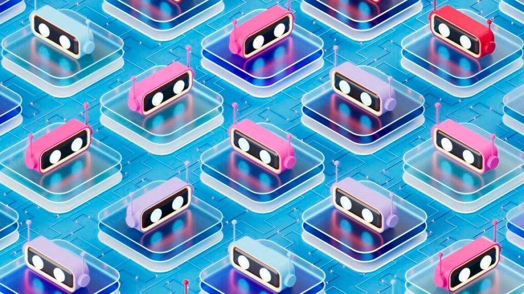 AI Chatbot Assistants on Glass Blocks, Artificial Intelligence Technology Concept. Digitally generated image. 3d render.