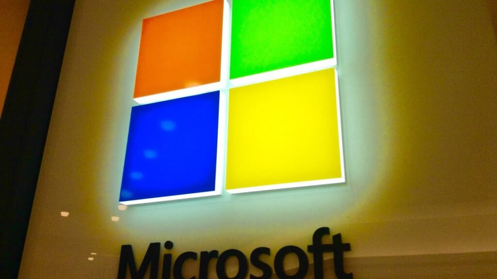 Microsoft logo on a wall.