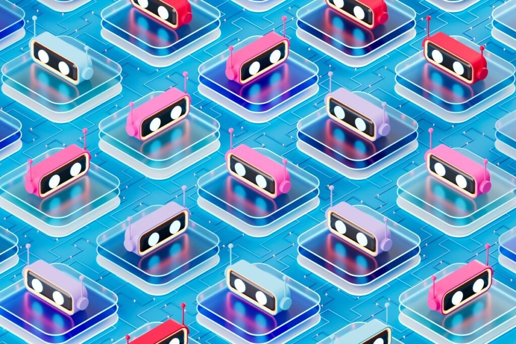 AI Chatbot Assistants on Glass Blocks, Artificial Intelligence Technology Concept. Digitally generated image.