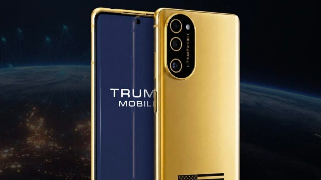 A smartphone with a Trump Mobile logo.